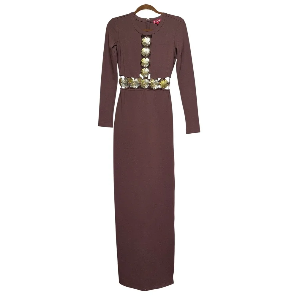 STAUD Delphine Mahogany Brown Cutout Medallion Long Sleeve Maxi Dress Size 2